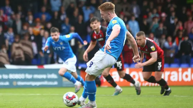 Callum Camps scores his penalty against Hartlepool