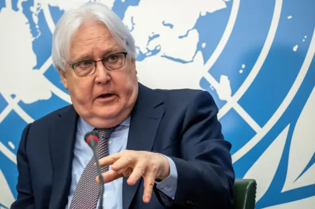 UN Emergency Relief Coordinator Martin Griffiths speaks during a joint press conference ahead of a donor conference for the humanitarian crisis in Yemen in Geneva, on February 27, 2023.