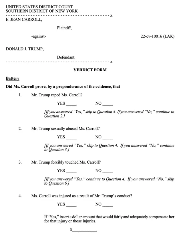 Donald Trump trial verdict form