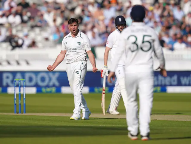 Ireland's Fionn Hand celebrates taking the wicket of England's Zak Crawley (centre) during day one of the first LV= Insurance Test match at Lord's, London