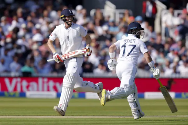 England's Zak Crawley and Ben Duckett in action as they run between the wickets