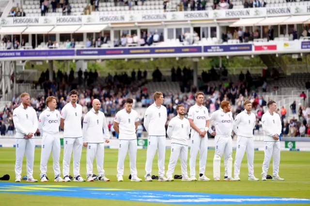 England players line up for the national anthem during day one of the first LV= Insurance Test match at Lord's, London