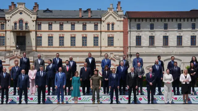 European leaders pose for a family photo during the European Political Community (EPC) Summit at Mimi Castle in Bulboaca near Chisinau, Moldova