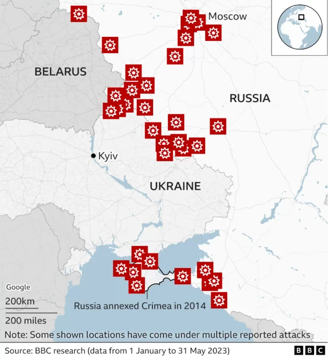 Graphic showing reported drone attacks in Russia and Russian-controlled areas of Ukraine