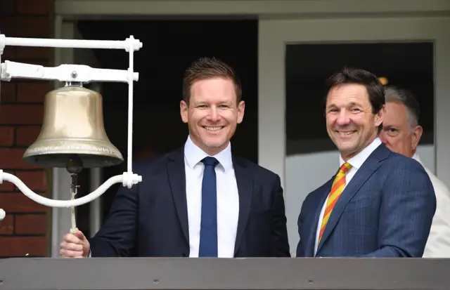 Eoin Morgan rings the Lord's bell ahead of the Test between England and Ireland