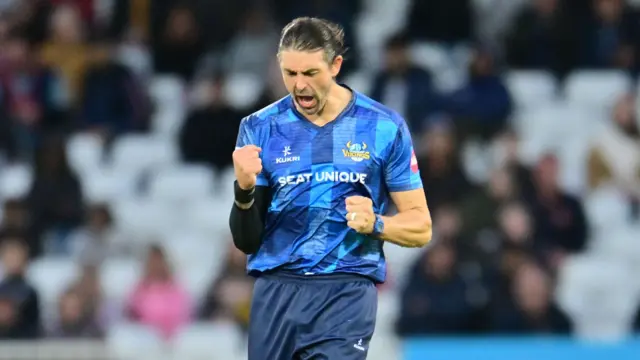 David Wiese celebrates a wicket in Yorkshire's win over Notts