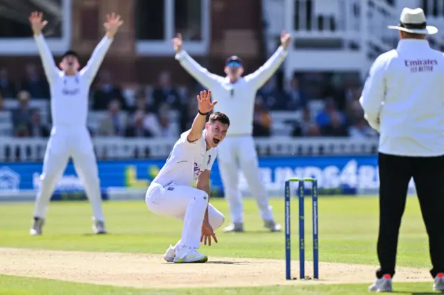 Matthew Potts appeals for a wicket