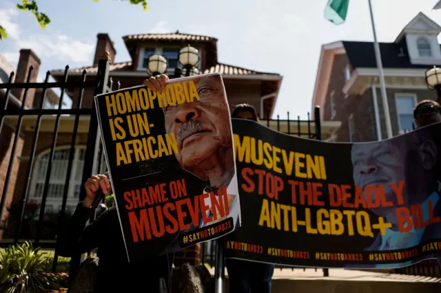 Activists protest outside the Ugandan Embassy over Uganda's parliamentary Anti-Homosexuality Bill, 2023 on April 25, 2023 in Washington, DC