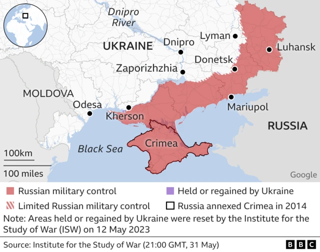 Map showing Russian control in Ukraine