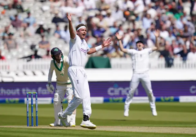 England's Stuart Broad unsuccessfully appeals for a wicket during day one of the first LV= Insurance Test match at Lord's