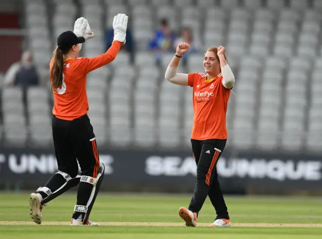 The Blaze's Nadine de Klerk (right) celebrates taking a wicket