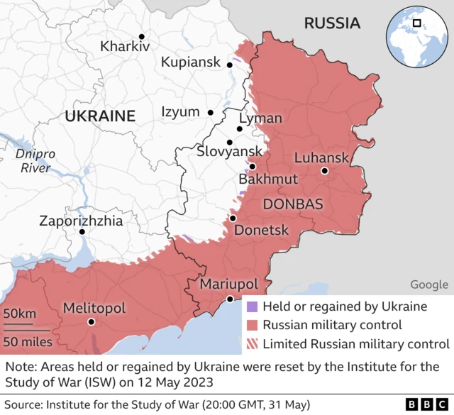 Two of the villages claimed by Ukraine - Neskuchne and Makarivka - are to the south-west of Donestsk city. Blahodatne is around 80 miles to the east, on the other side of Donetsk