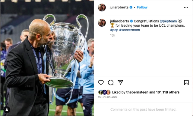 Julia Roberts posts image of Pep Guardiola with Champions League trophy.