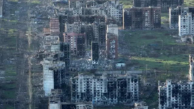 An aerial view of bombed-out buildings in Bakhmut