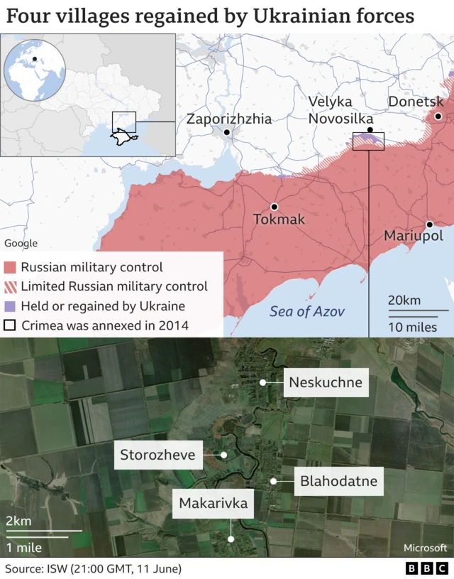 Map showing locations of four villages reclaimed by Ukraine