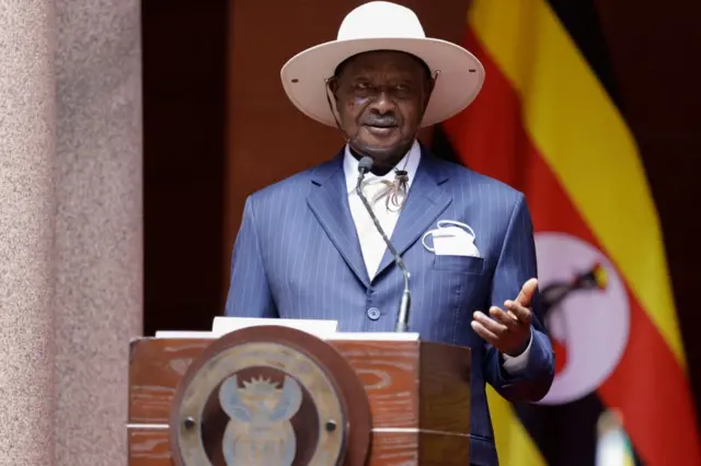 Ugandan President Yoweri Museveni speaks during a press conference after a meeting with South African President Cyril Ramaphosa on February 28, 20