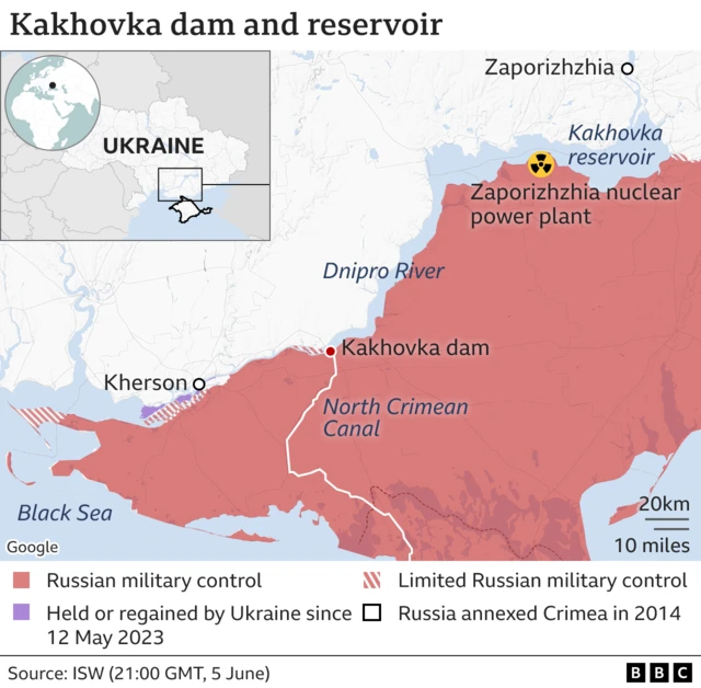 A BBC map shows the location of the Kakhovka dam, with the North Crimean Canal extending southwards from it through Russian-held territory