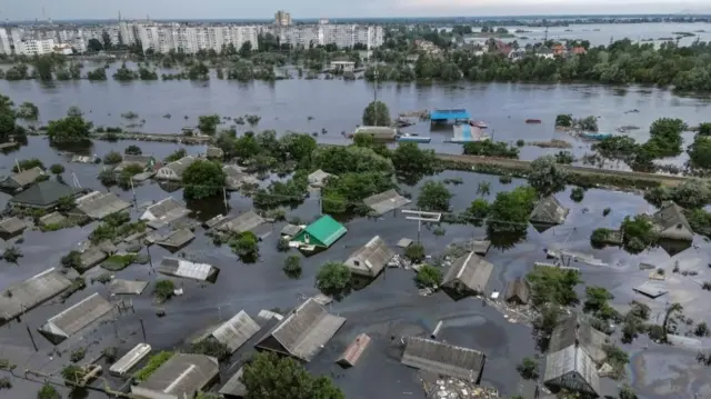 An aerial view shows a flooded area after the Nova Kakhovka dam breached, amid Russia's attack on Ukraine, in Kherson