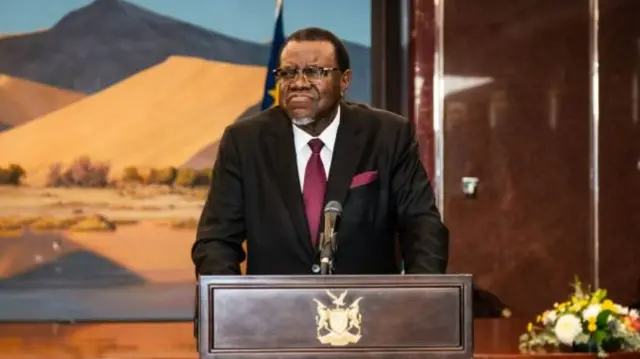 Namibian President Hage Geingob addresses a joint press conference with Finland President Sauli Niinisto (not seen) at the end of their meeting at Namibia State House in Windhoek on April 27, 2023.