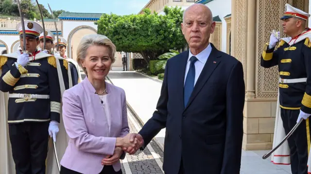 A handout photo made available by the Tunisian Presidency Press Service shows Tunisia's President Kais Saied (R) shaking hands with European Commission President Ursula von der Leyen (L) at the presidential palace in Carthage, outside Tunis, Tunisia, 11 June 2023.