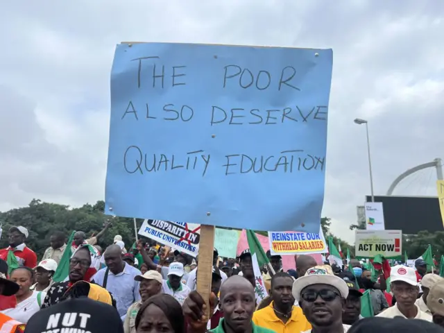 Members of unions gather during a nationwide anti-government protest against low income, closure of universities and lack of education funds in Abuja, Nigeria on July 27, 2022