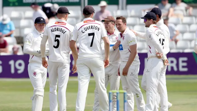 Somerset celebrate Craig Overton's catch