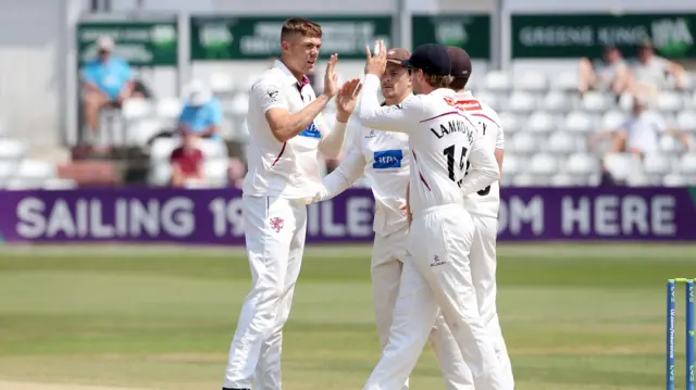 Somerset celebrate the wicket of Alastair Cook