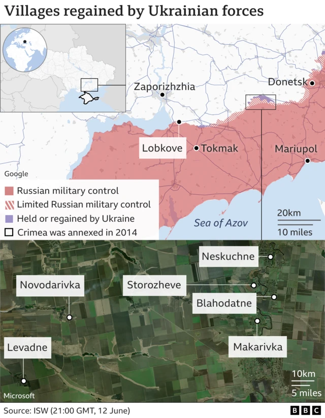 Map showing villages regained from Russian forces by Ukraine: Lobkove, Novodarivka, Levadne, Storozheve, Neskuchne, Blahodatne and Makarivka