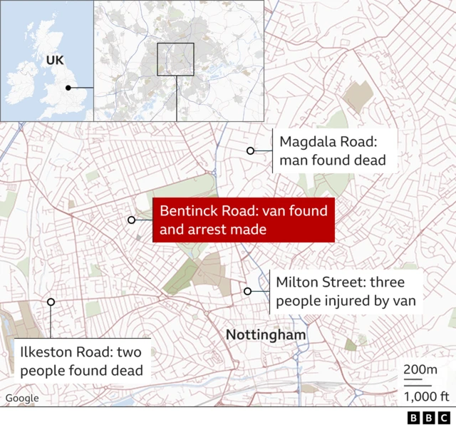 Map showing Nottingham CIty Centre, marking Ilekeston Road where two people were found dead, Magdala Road where a man was found dead, Milton Street where three people were injured by a van and Bentick Road, where the van was found and arrest made.