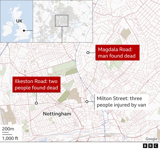 Map of where Nottingham incidents took place