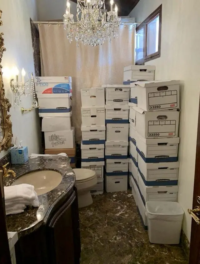 Bpxes of documents stored in a bathroom at Trump's Mar-a-Lago club in Florida in early 2021