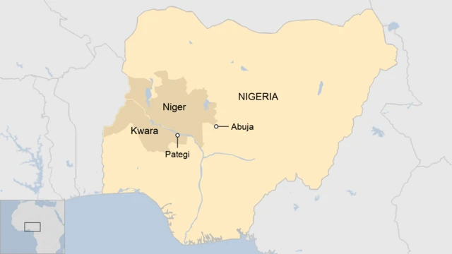 A map of Nigeria showing the states of Kwara and Niger, as well as the locality of Pategi and the capital Abuja.