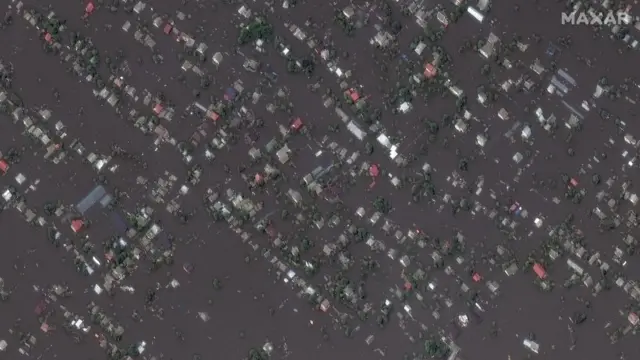 A satellite image of the flooded settlement of Oleshky