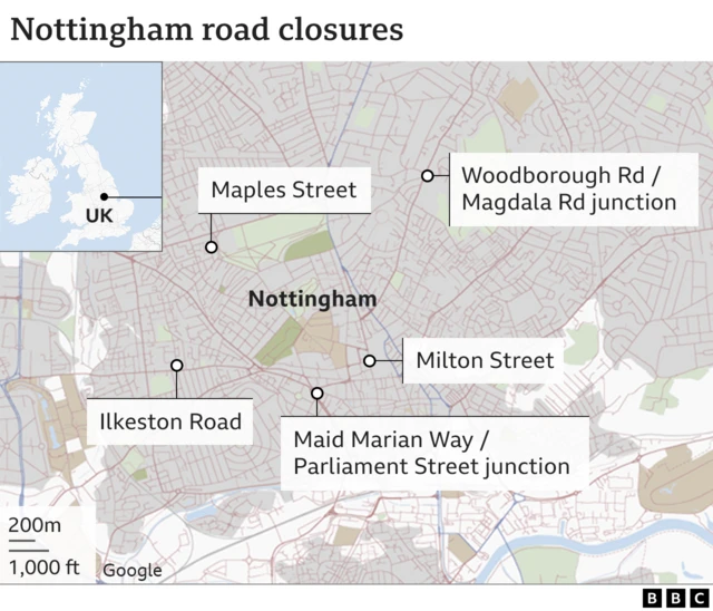 Map of Nottingham road closures