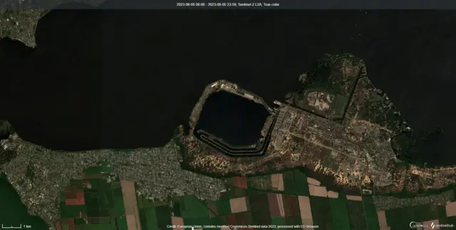 A satellite image shows the water level near the Zaporizhzhia Nuclear Power Plant on 5 June