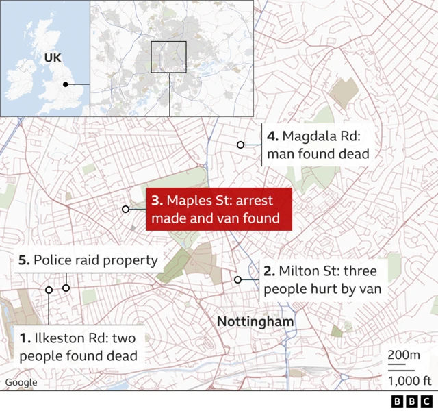 Map of where the attacks took place in Nottingham