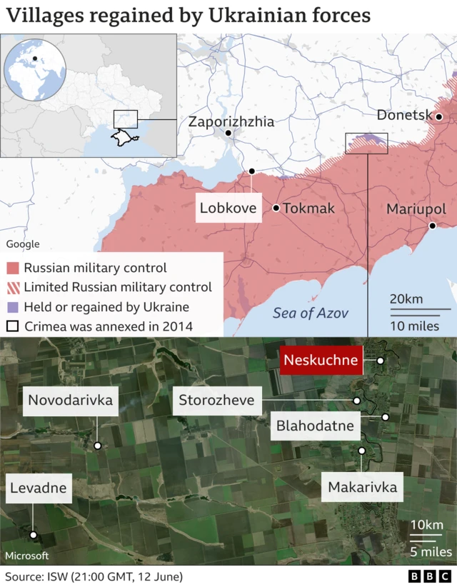 BBC map shows the locations of seven settlements which Ukraine says its soldiers have recently recaptured: Neskuchne, Blahodatne, Makarivka, Storozheve, Novodarivka, Levadne and Lobkove