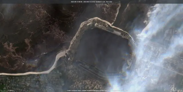 A satellite image shows a lower water level near the Zaporizhzhia Nuclear Power Plant on 13 June