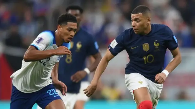 Jude Bellingham playing against Kylian Mbappe forn England