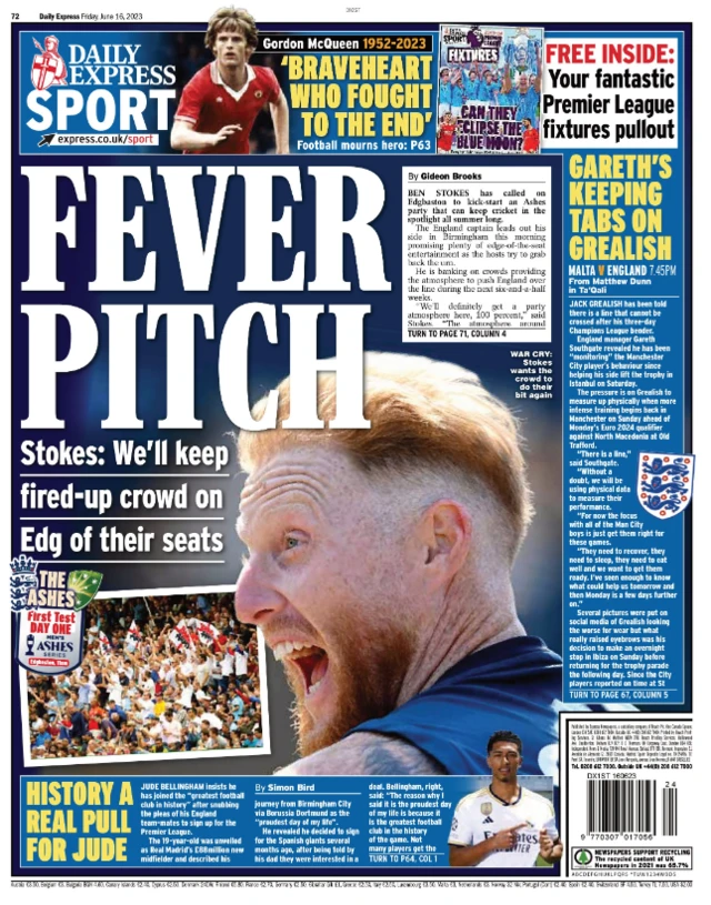 Back page of the Daily Express - 16/06/2023