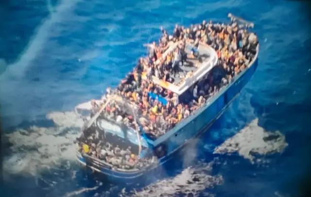 A photo shows the boat carrying migrants before it sank, in Kalamata, Greece on June 15, 2023.