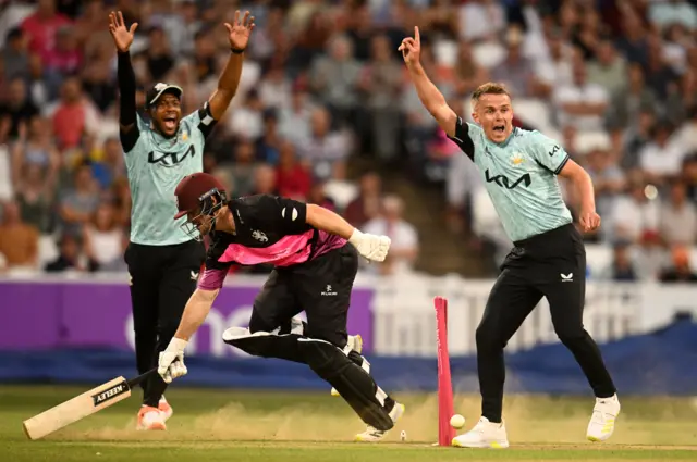 Sam Curran appeals for the run out of Sean Dickson