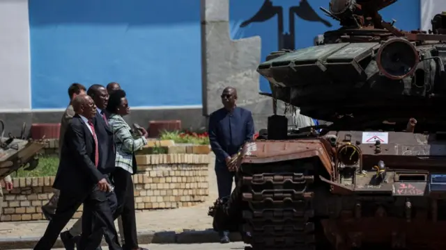 Former Prime Minister of Uganda Ruhakana Rugunda visits an exhibition of destroyed vehicles on the day of his visit at the Wall of Remembrance to pay tribute to killed Ukrainian soldiers, amid Russia's attack on Ukraine, in Kyiv, Ukraine - 16 June 2023