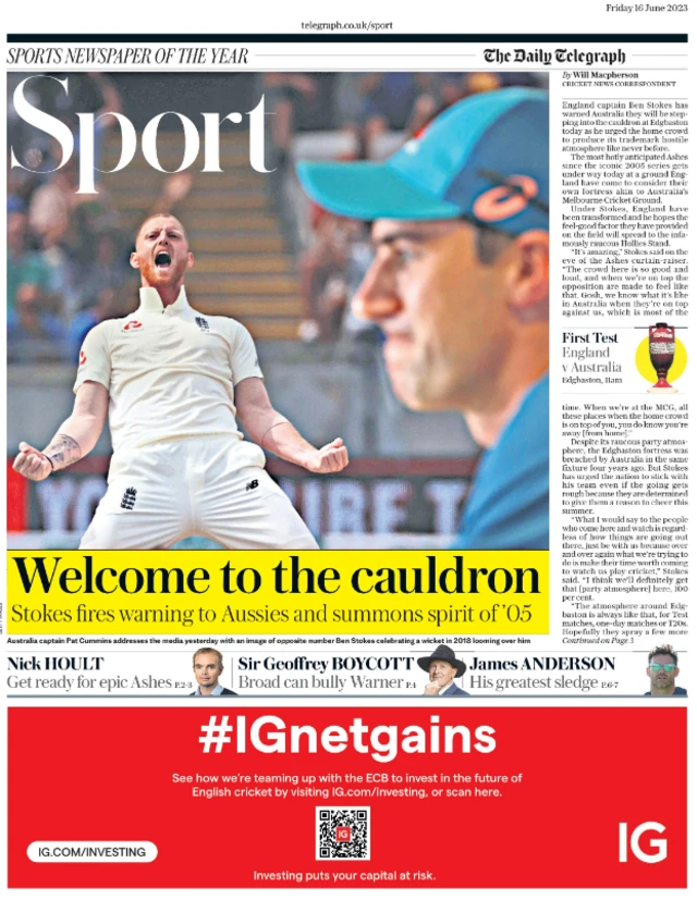 Back page of Daily Telegraph - 16/06/2023