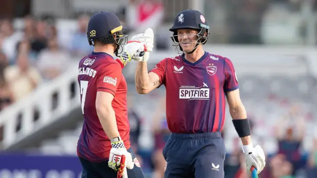 Sam Billings congratulates Joe Denly reaching 50 for Kent at Lord's