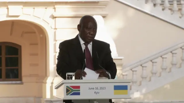 South African President Cyril Ramaphosa speaks at the Kyiv news conference