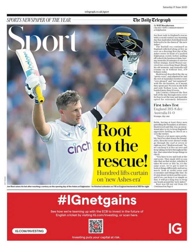 The Telegraph back page with Joe Root