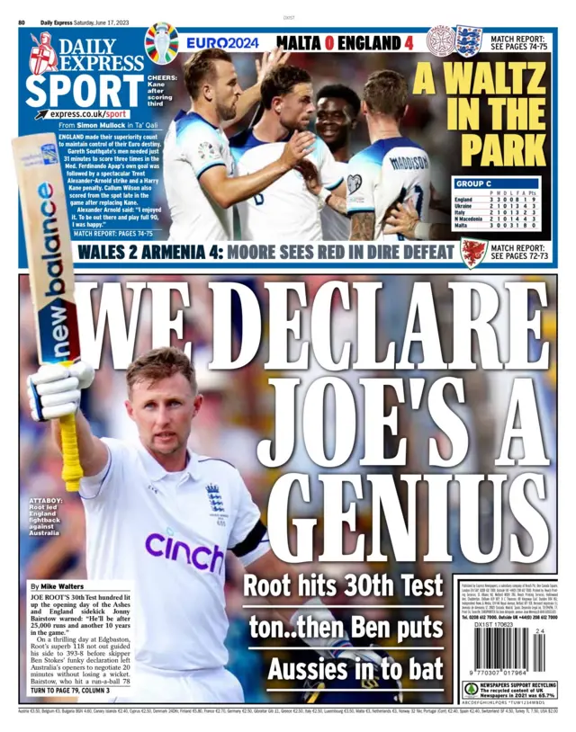 Daily Express back page with Joe Root