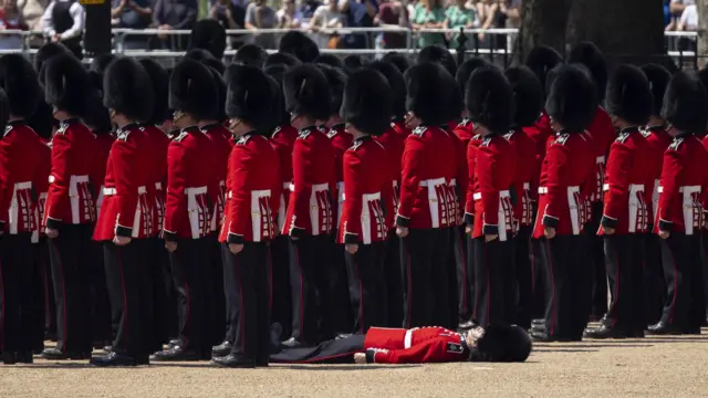 A member of the Household Division faints during the Colonel's Review at Horse Guards Parade.