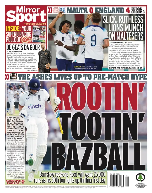 Back page of the Daily Mirror with Joe Root